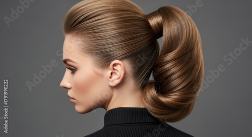 Elegant young caucasian female with stylish voluminous ponytail hairstyle on gray background