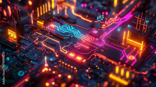 A vibrant high-tech circuit board illuminated with neon colors. This digital world showcases innovation and futuristic design. Explore the beauty of technology. Generative AI