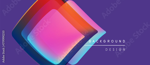 Abstract geometric shapes overlap, creating vibrant color gradients. Purple background enhances visual impact. Modern design element.