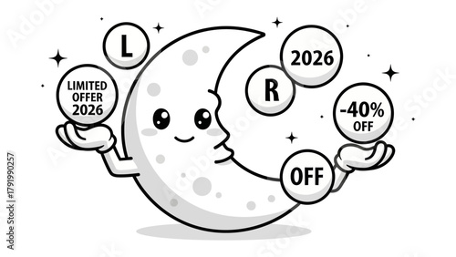 Celestial Sale: A whimsical illustration showcases a smiling crescent moon, its hands presenting sale symbols, representing a limited offer.