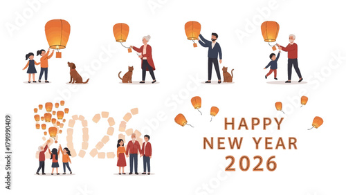 New Year Celebration of Floating Lanterns: Festive scene showcases a collection of people joyfully launching lanterns into the night sky to celebrate the coming of the new year.