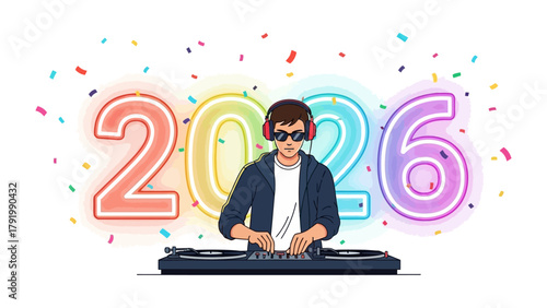 DJ at a Celebration: A vibrant illustration captures the energy of a music party, a DJ commands the turntables, orchestrating a symphony of sound for a celebration. Confetti falls.
