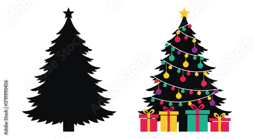 Silhouette of a christmas tree next to a decorated evergreen tree with presents underneath