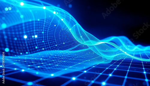Abstract tech-inspired digital wave with luminous nodes and network grid design for AI or innovation visuals.
