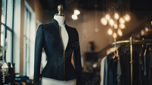 Elegant tailored jacket displayed on mannequin in fashion boutique