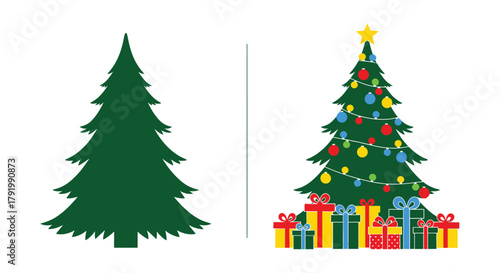 Two christmas trees one plain green and one decorated with lights and gifts