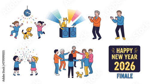 New Year's Eve Celebrations: Animated individuals joyously engage in various festive activities, complete with a disco ball, a cheerful dog, and confetti against a backdrop of colorful light beams