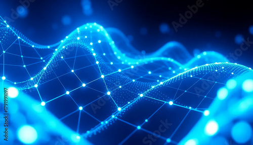 Abstract tech-inspired digital wave with luminous nodes and network grid design for AI or innovation visuals.

