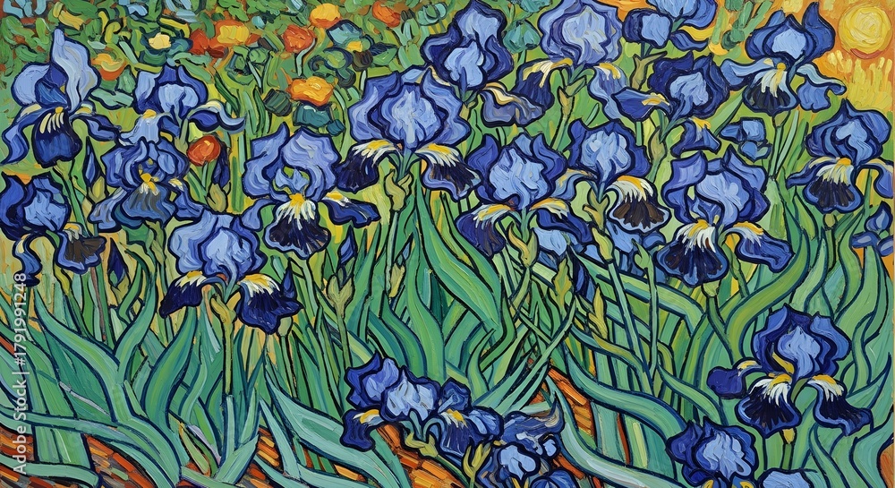 Fototapeta A vibrant and expressive painting of a sunlit garden with blooming blue iris flowers