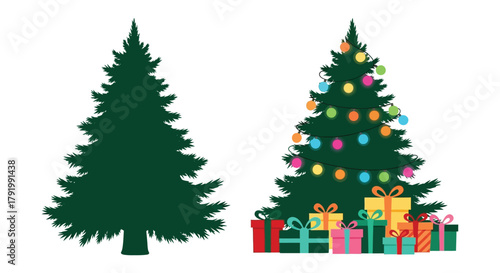 Two christmas trees one decorated with lights and presents and one as a dark silhouette