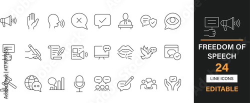 Freedom of speech 40 editable line icons pack. Speech, voice, rights, expression, democracy, protest, media, liberty, opinion, justice, equality and more icons.