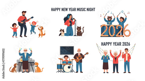 New Year Music Night: A colorful illustration capturing diverse family moments enjoying music and celebrations on New Year's Eve, featuring dancing, singing and music. 