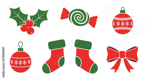 Collection of festive christmas holiday icons including holly berries candy cane ornaments stockings and bow