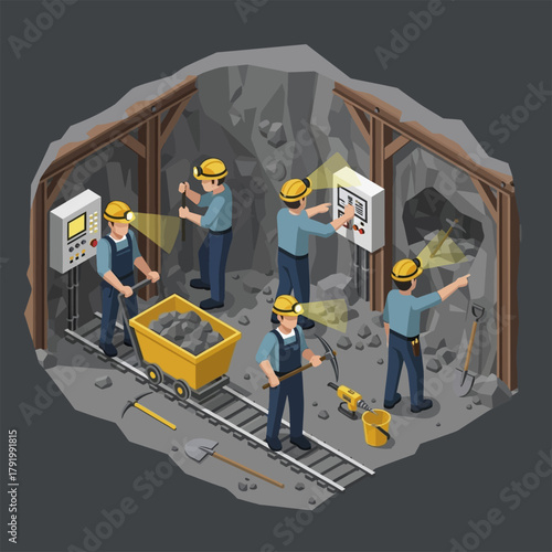 Miners working in a dark underground mine extracting resources.