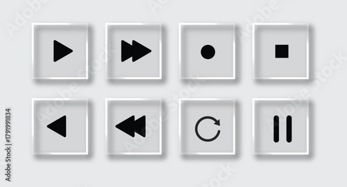 Elegant Transparent Liquid Glass Effect, Transparent glass shapes set with soft glowing edges. Realistic clear geometric frames including musical elements on gray background perfect for UI, web design