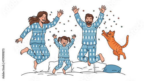 Family's joyful Jump: A cheerful family dressed in matching pajamas leaps joyfully on a bed. Their orange cat leaps in the air, creating a heartwarming scene of togetherness, love, and fun.