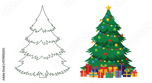 Christmas tree outline and decorated holiday tree with gifts and lights