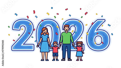 Family of 2026: A happy family stands confidently beneath the year 2026, celebrating togetherness, optimism, and the bright prospect of the future.
