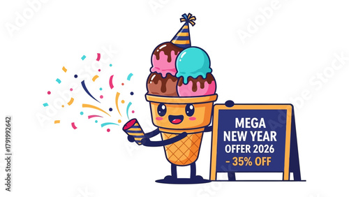 Festive Ice Cream New Year's Offer: An adorable ice cream cone character is cheerfully celebrating the new year with a party hat and confetti, advertising a mega new year offer with -35% discount