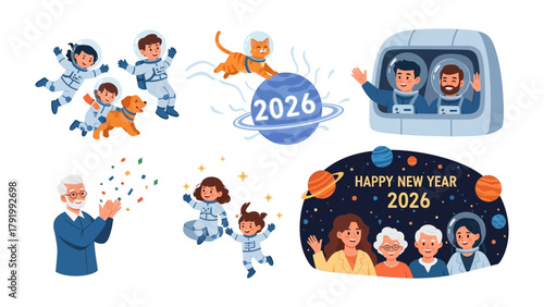 Astronauts on New Year in Space: Animated scenes depict a futuristic New Year celebration with astronauts, a cat, and family members amid celestial and space elements.