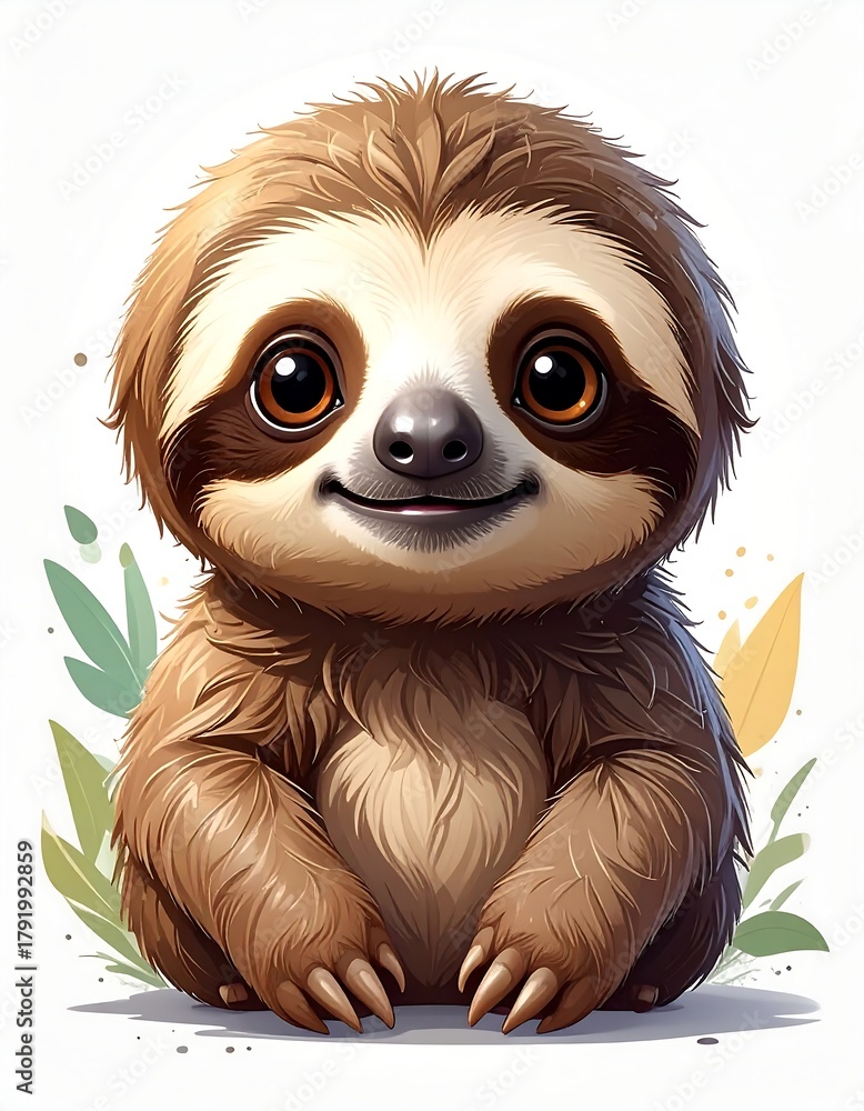 Obraz premium A cute, cartoonish sloth with big brown eyes and a gentle smile sits against a white background with green and yellow leaf accents