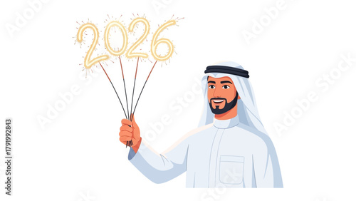 Future Vision: A man in traditional attire illuminates the upcoming year with radiant sparklers, the digits 2026 shining brightly, conveying optimism and anticipation.