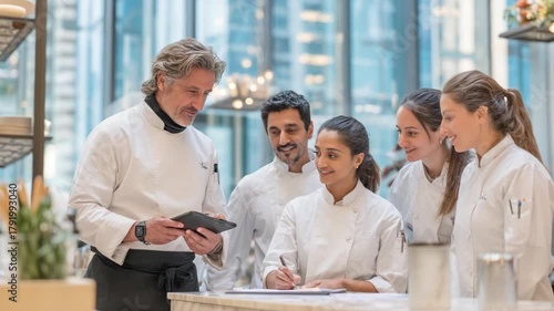 Culinary Team's Collaborative Focus: A team of diverse culinary professionals gathers around, attentively engaged as one reviews digital data for crafting dishes