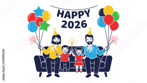 Family New Year Celebration: A happy family celebrates New Year 2026, holding balloons and sparklers while sitting on a comfortable sofa with the Happy 2026 banner above.