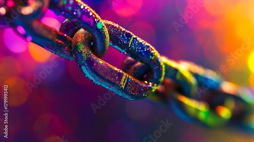A close-up view of a vivid and colorful chain. The vibrant hues reflect light beautifully. This image symbolizes strength and connection in a unique way. Generative AI