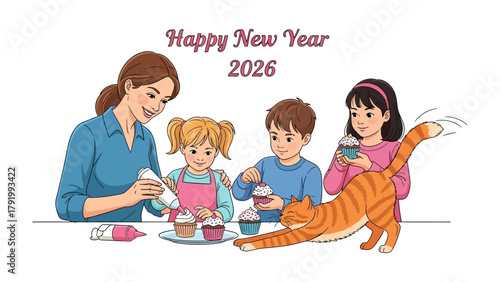 Sweet New Year Gathering: A tender scene unfolds as a mother and her children decorate cupcakes, embodying the joy of togetherness. A playful cat stretches in anticipation of the sweet treat.&#x20;

