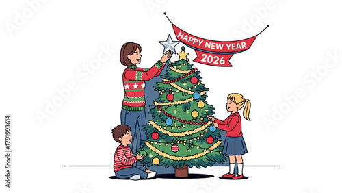 Joyful Holiday Gathering: A heartwarming illustration of a family united in festive cheer, decorating the Christmas tree with ornaments.
