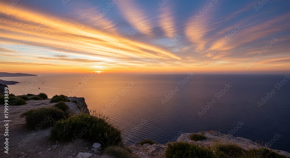Obraz premium Stunning sunset paints the ocean gold from a cliffside vista, perfect for travel inspiration and serene landscapes, capturing the magic of a coastal getaway