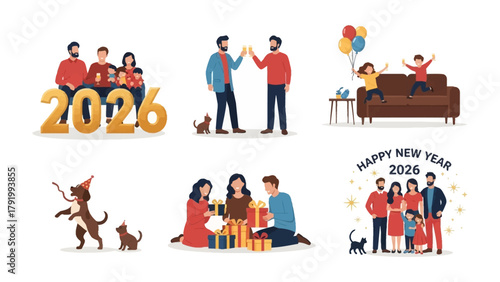Fotografie New Year 2026: A composite image of people celebrating New Year 2026, offering a variety of festive scenes with family