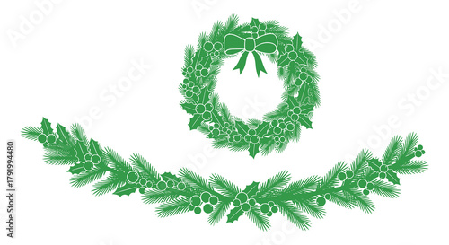 Festive green christmas wreath and garland with pine needles and pinecones on white background