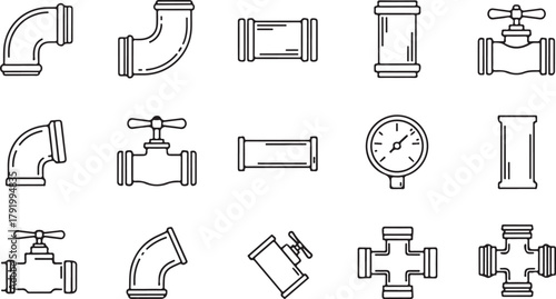 Plumbing pipes and valve line icons set, water supply system parts