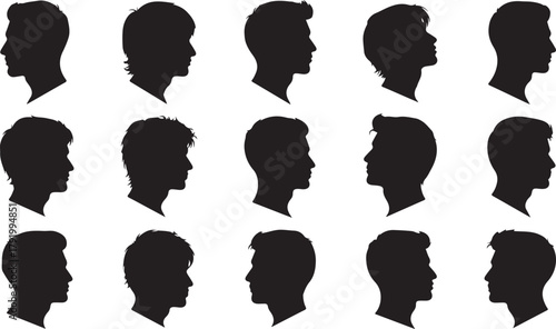 Fifteen male head silhouettes, young men's varied hair profiles