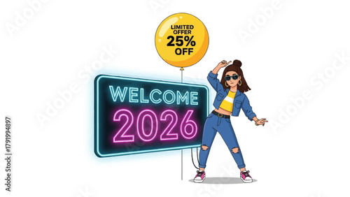 Welcome 2026: a young woman celebrates the new year and discount offers.