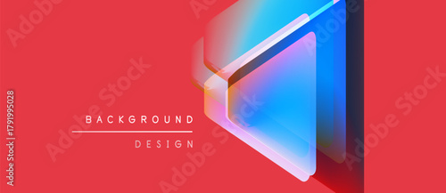 Abstract geometric shapes overlap, creating vibrant blue, pink hues. Red background provides strong contrast, modern design aesthetic.