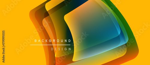 Abstract vibrant layers create dynamic visual effect. Yellow backdrop emphasizes flowing shapes, modern design elements.