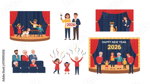 Stage Performance of 2026: A composite scene features various depictions of a stage with actors, spectators, and festive elements for 2026's New Year celebration.