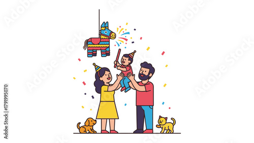 Family Fiesta Celebration: A family joyfully celebrates with a piñata at a festive party, showering their child with love and confetti in a scene of pure happiness.