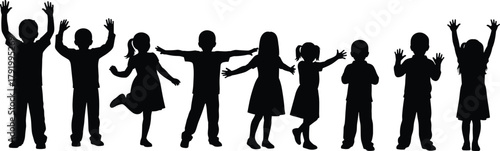 Children silhouettes, playful poses, expressive movement, dancing kids, childhood joy, diversity in posture, black figures, white background, active youth, fun