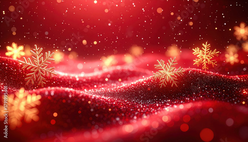 Sparkling red background with golden snowflakes and bokeh lights creates festive and magical holiday atmosphere