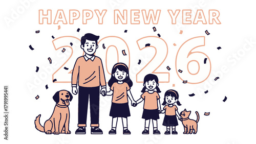 Family Togetherness in New Year's: A heartwarming family illustration, including a father, daughters, and their pets, celebrate the start of the year 2026 amid falling confetti, embodying joy, unity.