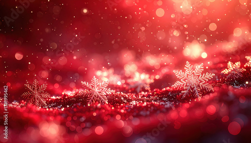 Festive snowflakes sparkle on vibrant red background, creating magical holiday atmosphere