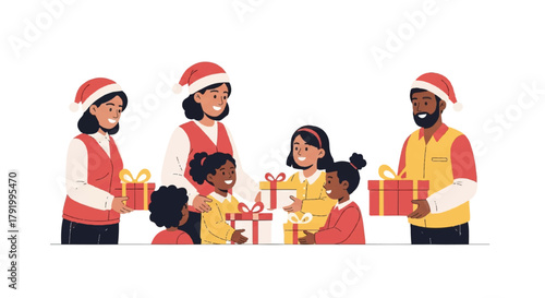 Joyful Giving Volunteers Sharing Holiday Gifts with Happy Children