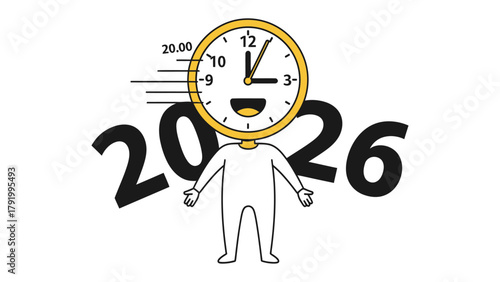 Time Traveler 2026: An illustration showcases a whimsical character with a clock face for a head, symbolizing the forward march of time towards the year 2026.