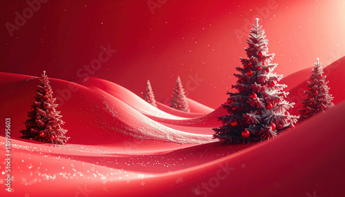 Festive red landscape with snow covered Christmas trees and gentle hills, creating serene holiday atmosphere