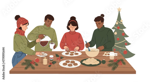 A group of diverse friends joyfully gathering around a table to bake and decorate festive Christmas cookies together for the holidays