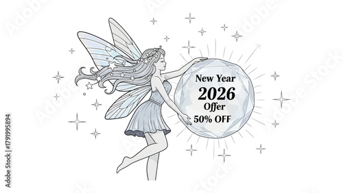 Mystical New Year Offer: An ethereal fairy gracefully unveils a glittering sphere, heralding a special New Year 2026 Offer - 50% OFF, promising magic and savings.
